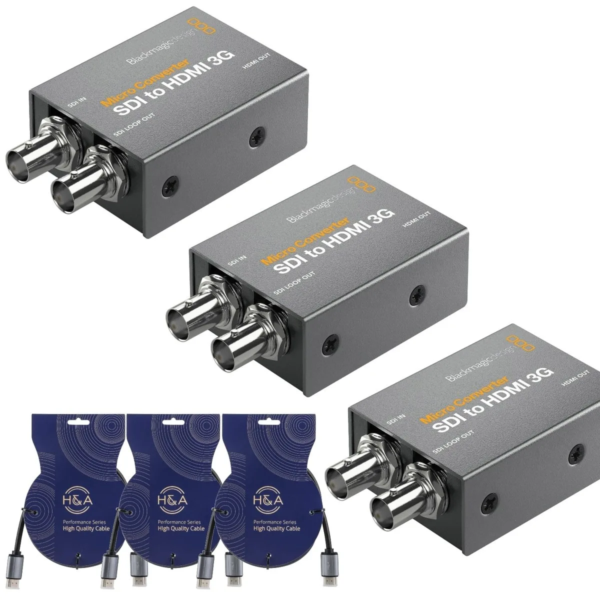 Three compact aluminium SDI-to-HDMI converters with power supplies and short HDMI cables