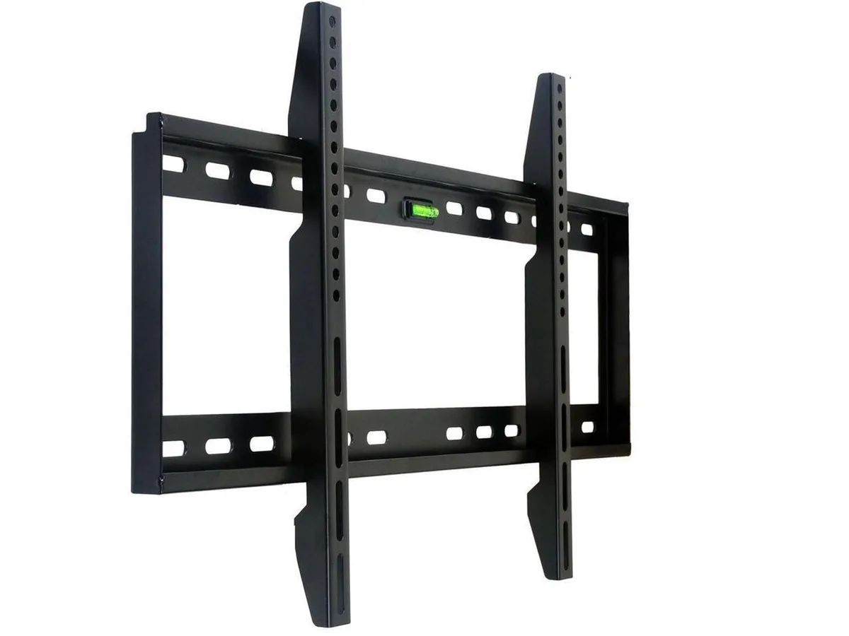 Black flat TV wall mount with wide steel wall plate and two VESA arms, low profile design, built-in bubble level visible