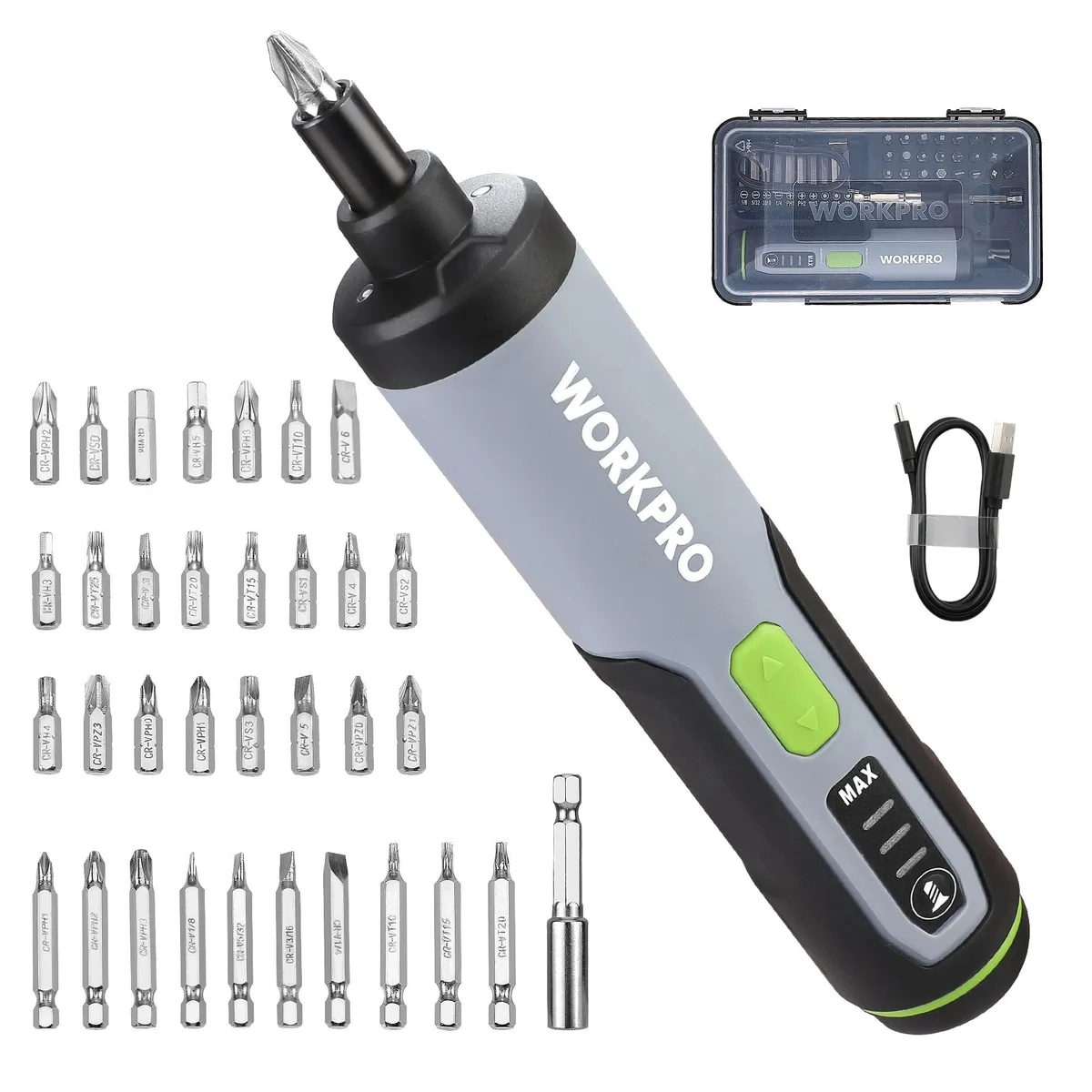 Black-grey cordless electric screwdriver with LED light, 35 bits, extension rod and USB cable in a carrying case