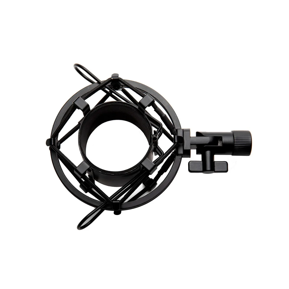 Circular metal frame with elastic suspension bands, adjustable mounting knob, fits 44-47mm microphones