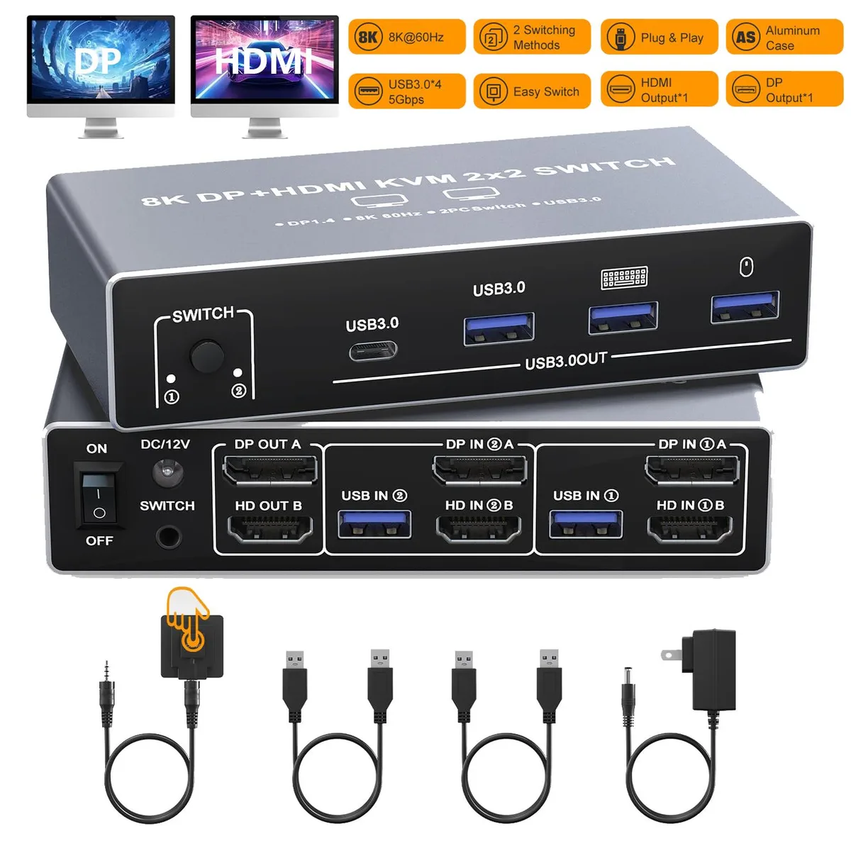 IHDAPP IHDAPP KVM202DH 8K Dual Monitor KVM Switch 2 PCs 2 Screens 4 USB 3.0 Ports — product photo