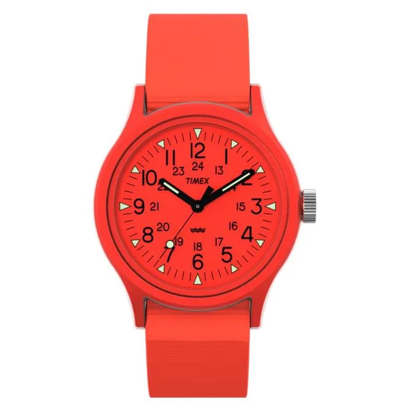 36mm glossy orange resin case with matching dial and orange fabric strap