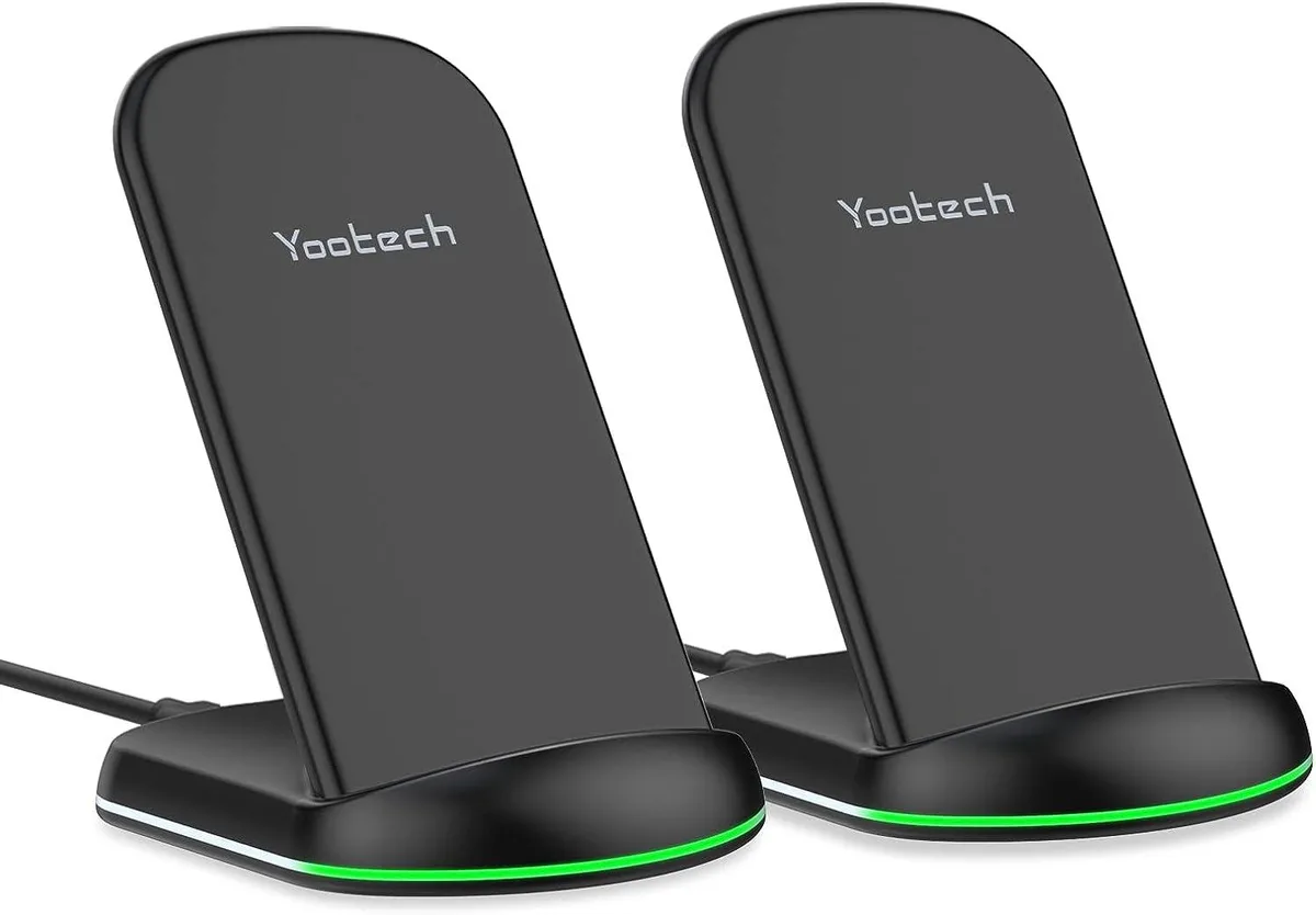 Two black wireless charging stands with dual coils, upright design