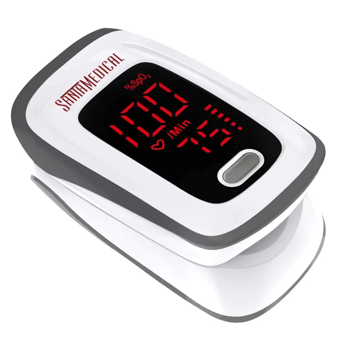 White fingertip pulse oximeter with red LED display and carry case