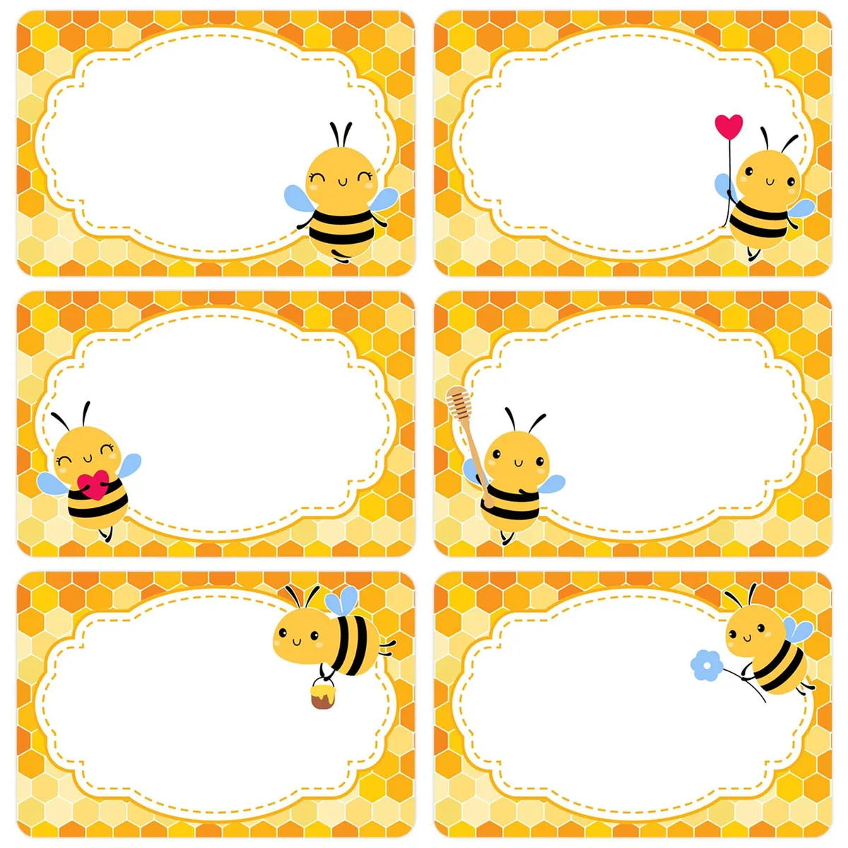 Thirty sheets of rectangular bee stickers in green and beige on white backing