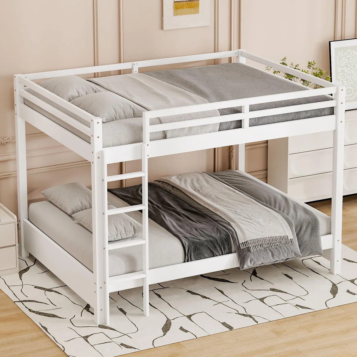White wooden queen bunk bed with ladder and guard rails