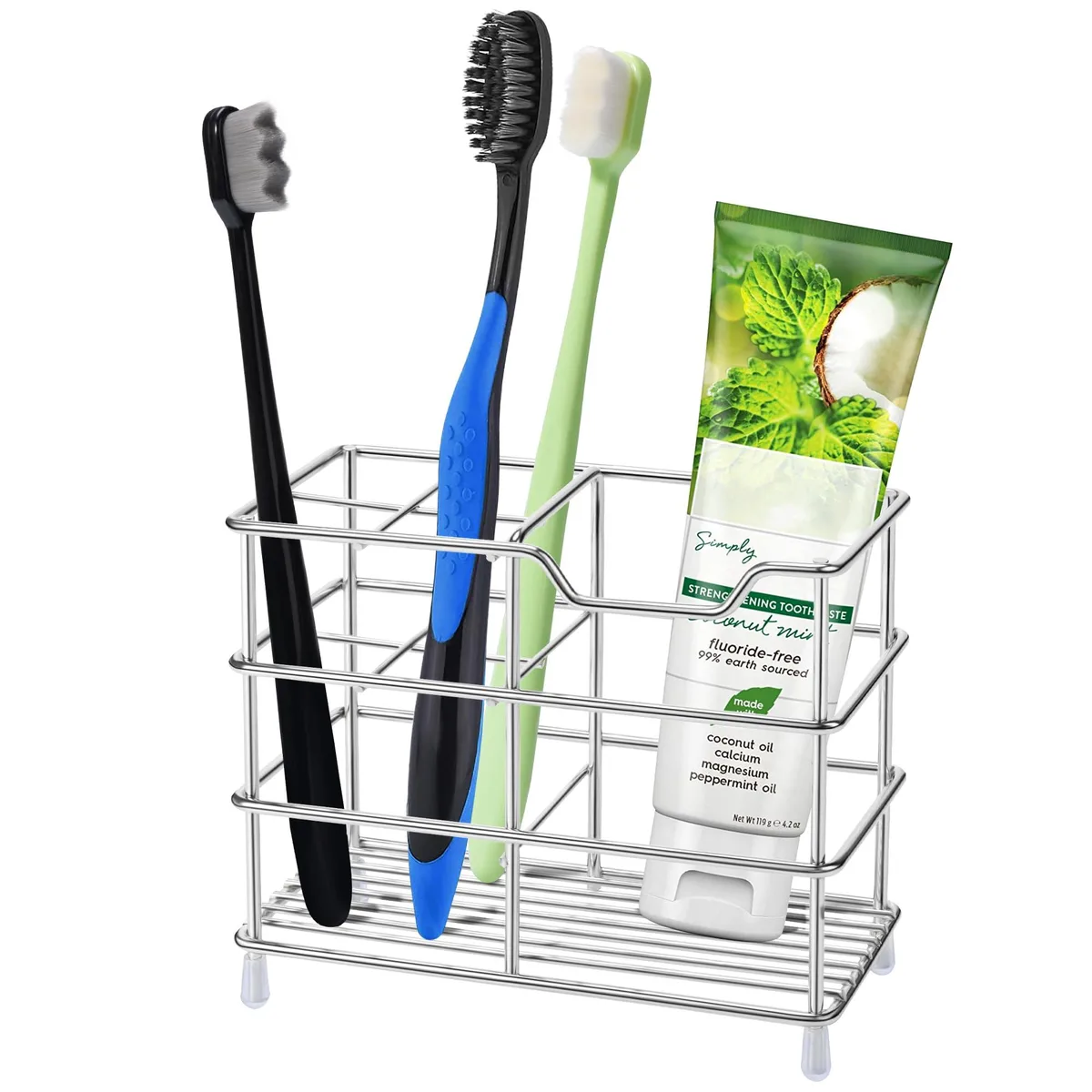 Silver lacquered stainless steel toothbrush holder with four brush slots and one toothpaste slot, rubber feet visible at base