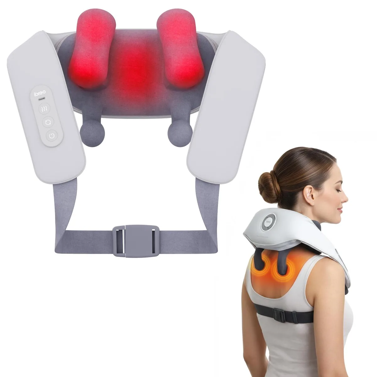 Gray wrap-around neck massager with adjustable heads and shoulder strap
