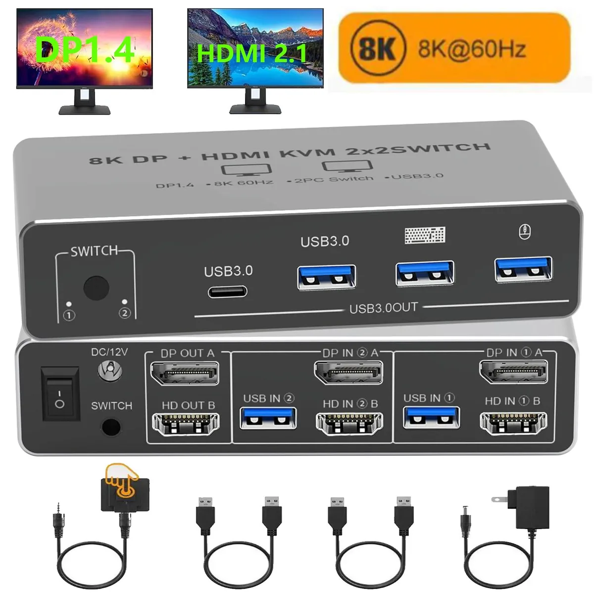 Hitoor Hitoor HDMI DisplayPort KVM Switch 2 Monitors 2 Computers 8K@60Hz 4 USB 3.0 — product photo