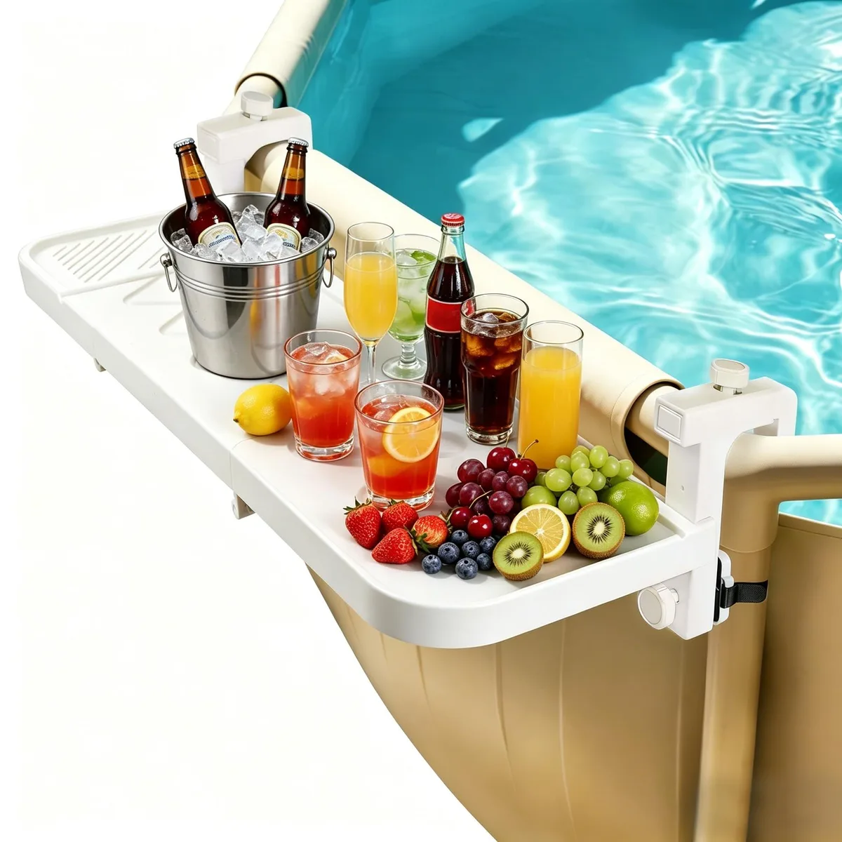 White foldable poolside table with adjustable clamps, flat rectangular surface, drainage holes, rounded edges