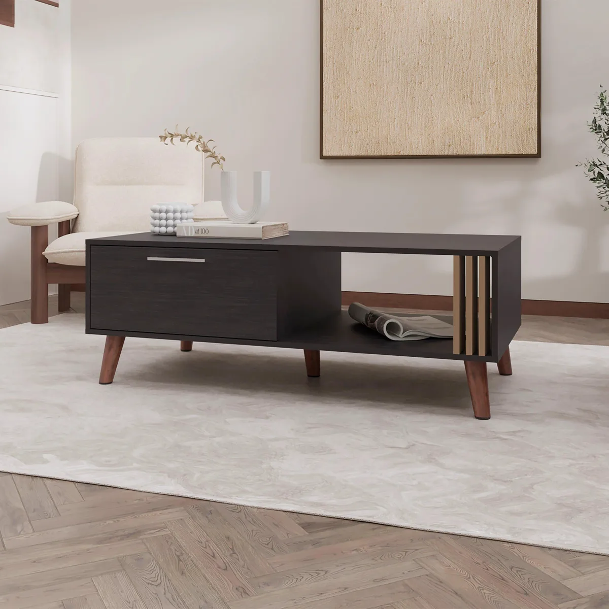 Rectangular wenge coffee table with lower open shelf and upper door cabinet