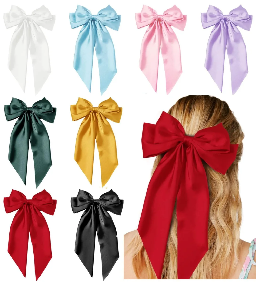 Eight satin ribbon bows with long tails and metal clips in assorted colours