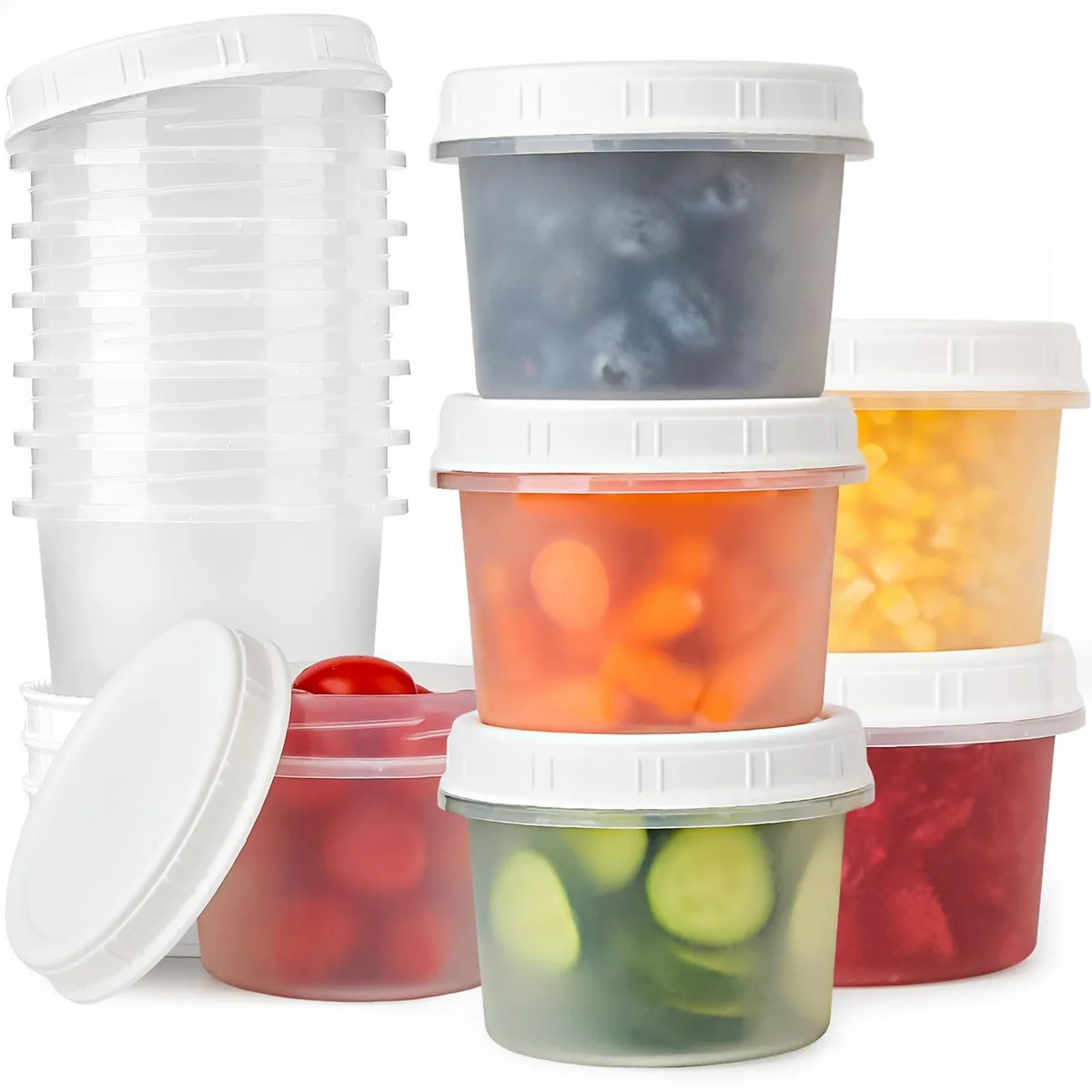 Six red 20 oz plastic containers with screw lids