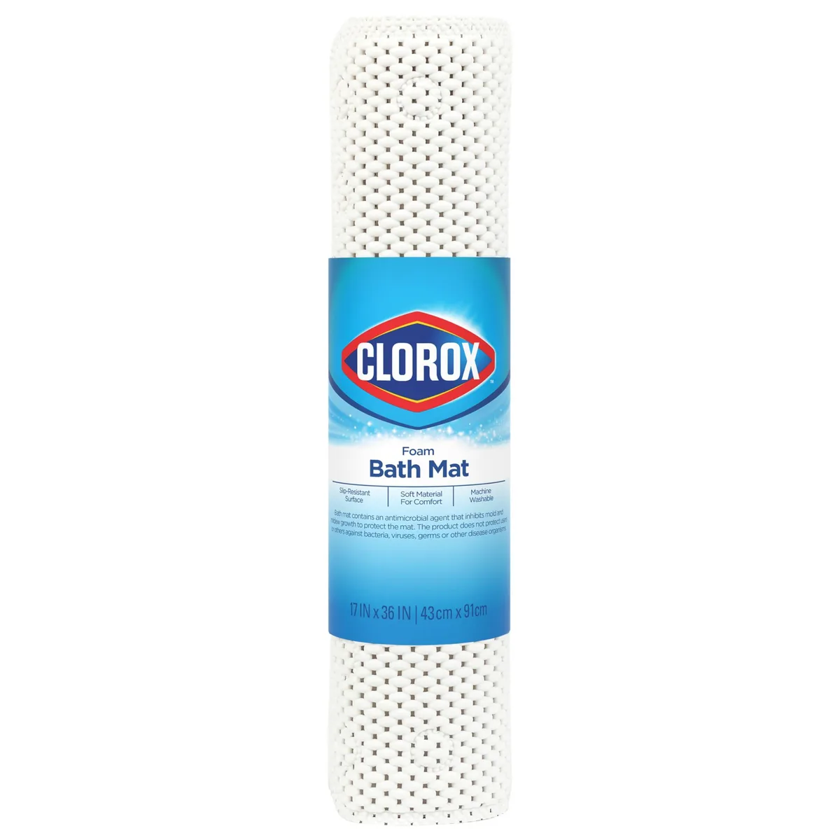 White cushioned bath mat with suction cups, 17 by 36 inches