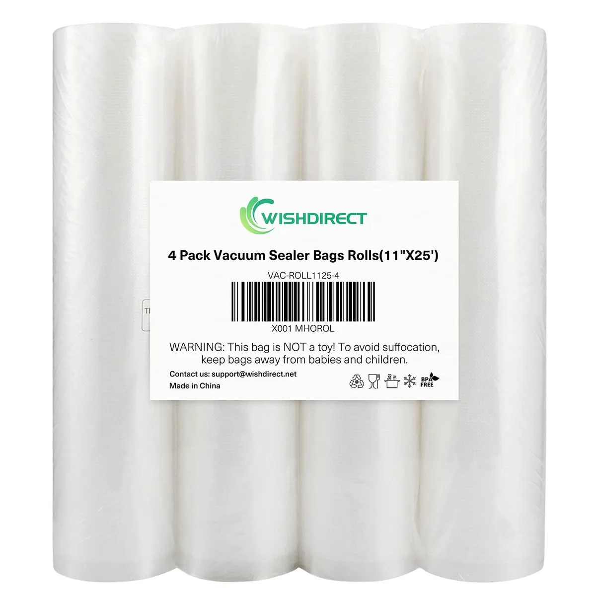 Four clear textured vacuum sealer rolls in rectangular box
