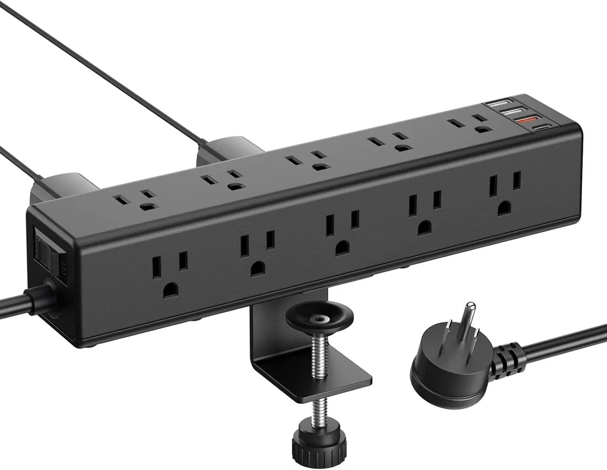 BFKK BFKK Desk Clamp Power Strip 15 Outlets USB-A USB-C 6 ft Black 1.6 inch Table top — product photo