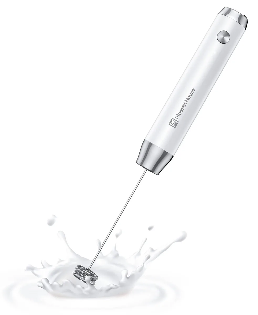 Twelve compact handheld milk frothers in matte plastic finish with detachable whisk heads and USB-C charging ports