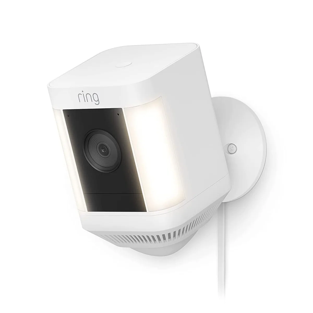 White rectangular wired outdoor camera with two LED spotlights and a front lens, 3.0 by 3.2 by 5.0 inches