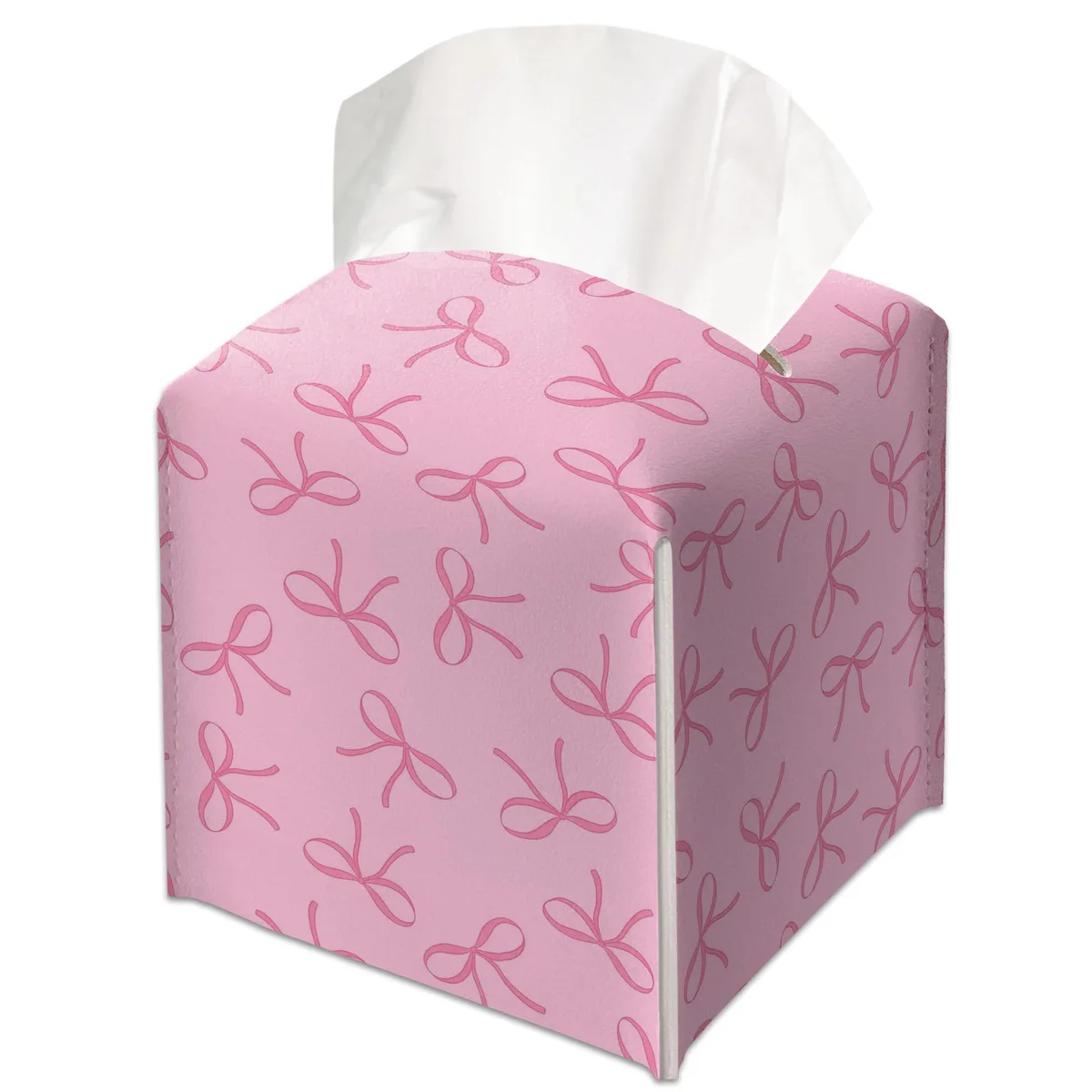 Pink leather tissue box cover with bow print, cube shape 5.2 inches square, Velcro closure visible
