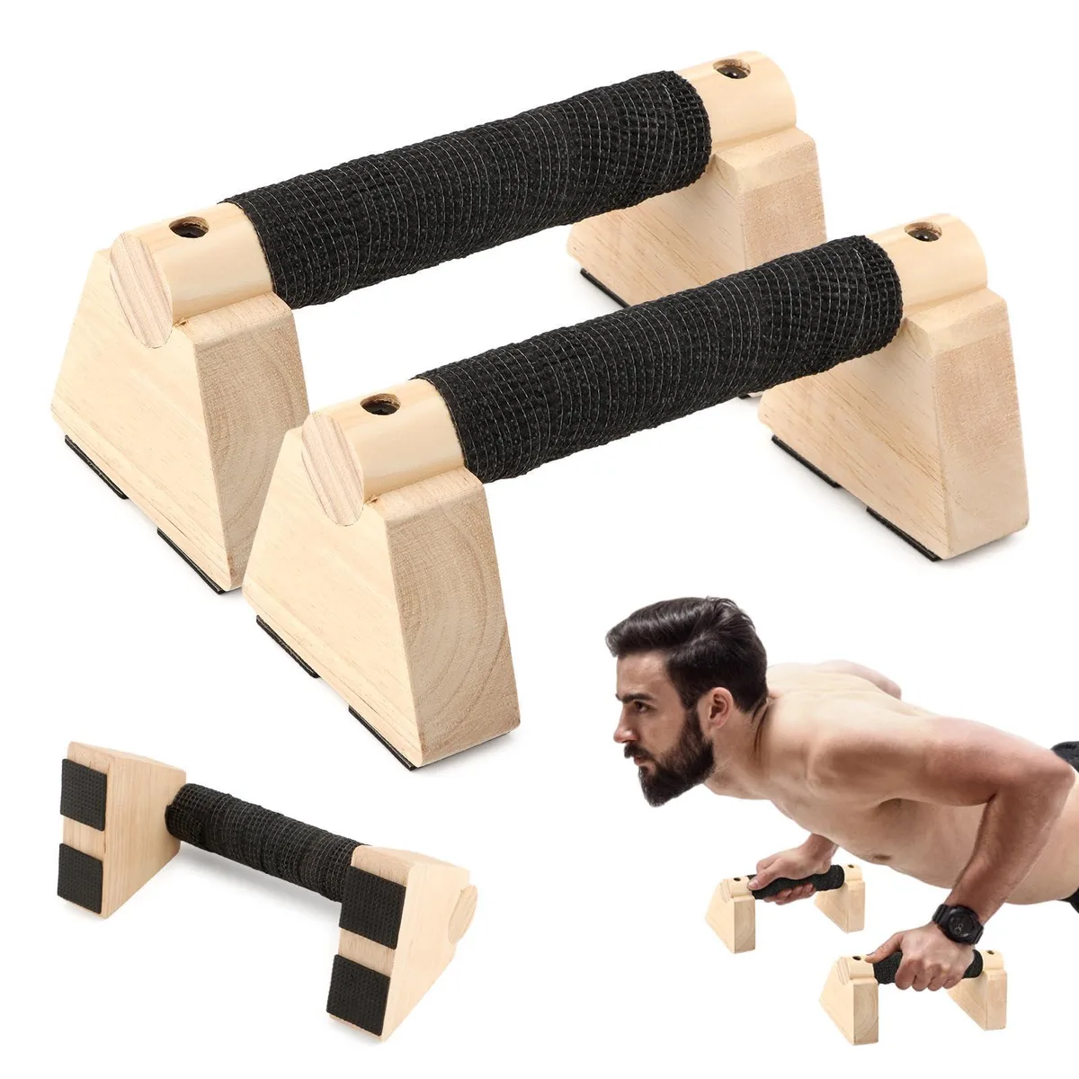 Pair of solid wood push-up bars, natural finish, 7.9 inch length, rubber base pads and grip tape included