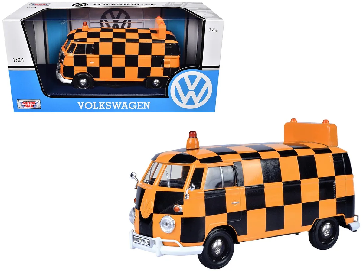 MOTORMAX MOTORMAX Volkswagen Type 2 T1 Airport Runway Delivery Van Black Orange Checkered 1/24 Diecast — product photo