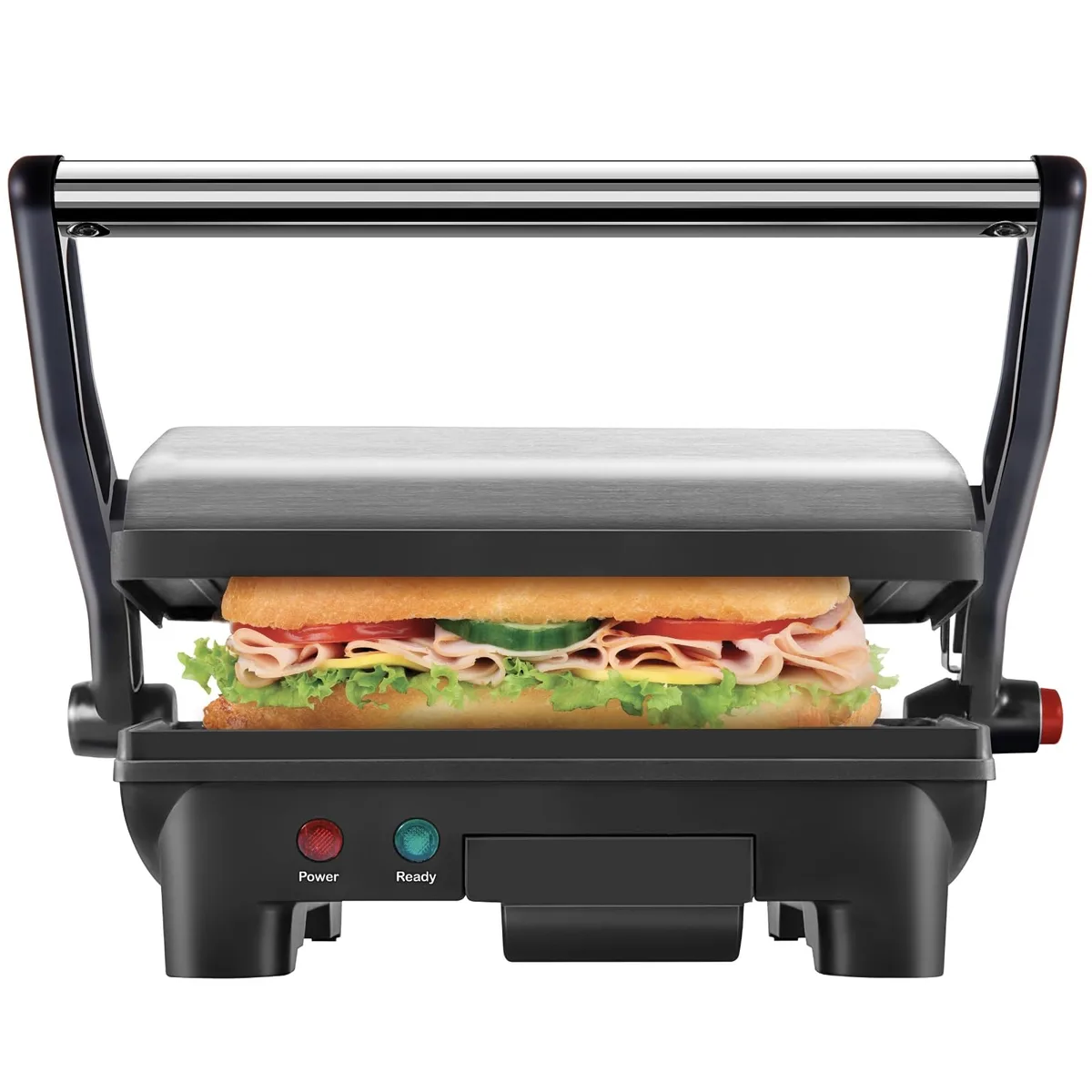 Compact black panini press with two non-stick plates, opens 180 degrees