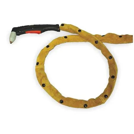 Yellow leather welding lead cover, 50 ft length with snap closures