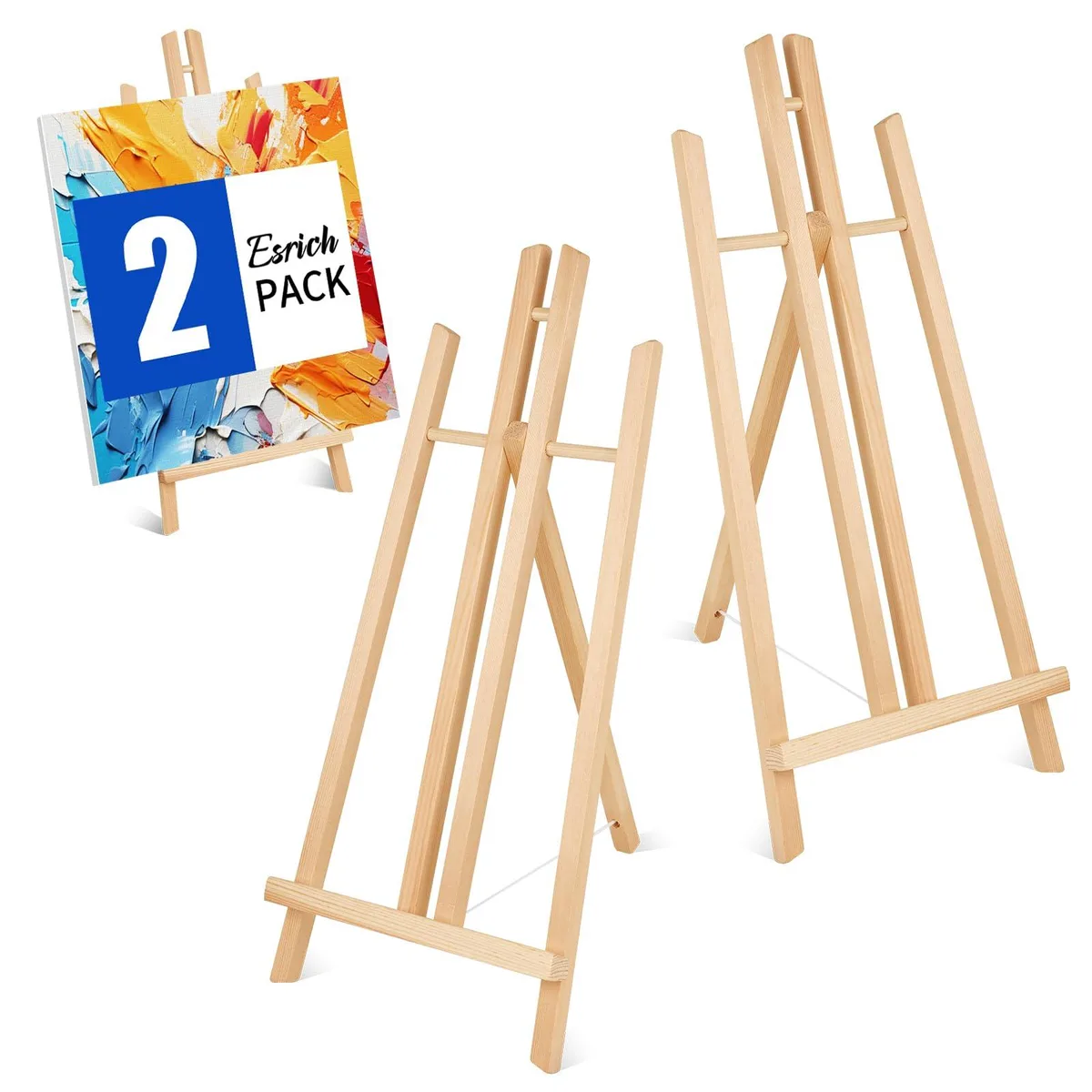 Two 17 inch unfinished pine tabletop easels with rear tripod legs and bottom tray