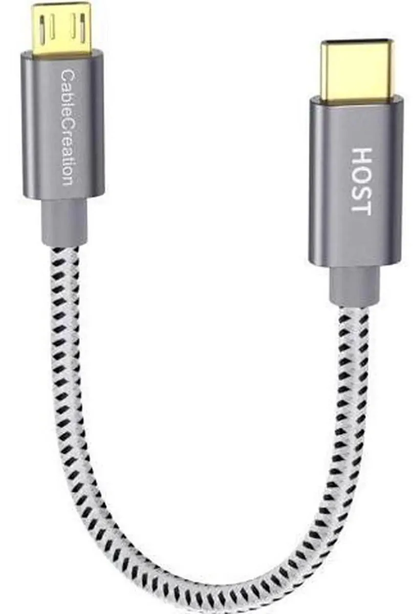 Short space-grey nylon-braided USB-C to Micro USB cable .65FT with reinforced ends
