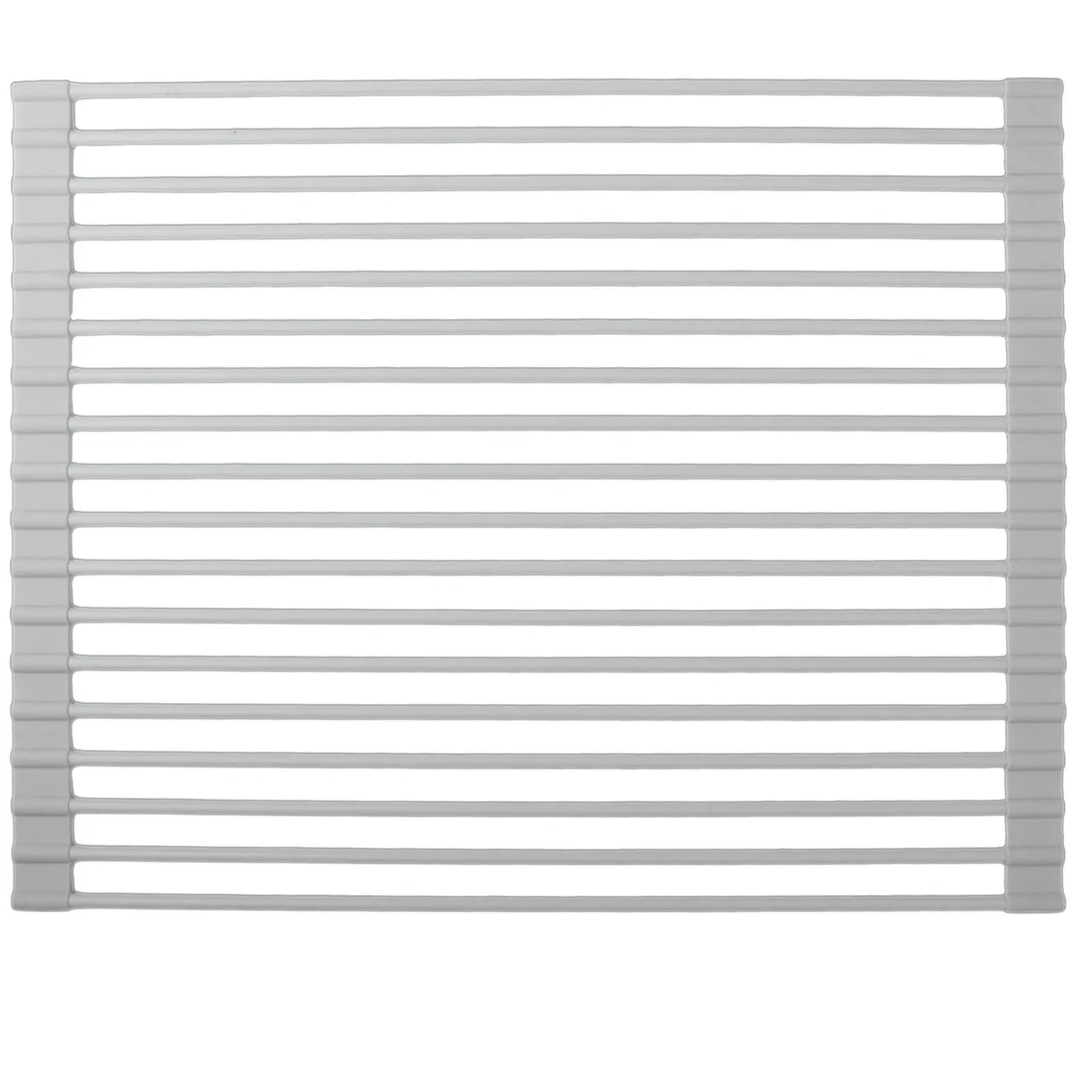 Grey silicone-wrapped steel roll-up rack, 17.5 by 13 inches, flexible single layer