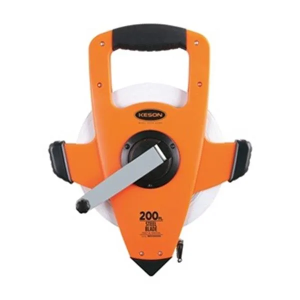 Bright orange long tape measure case with rubber grip, 200 ft engineers tape inside