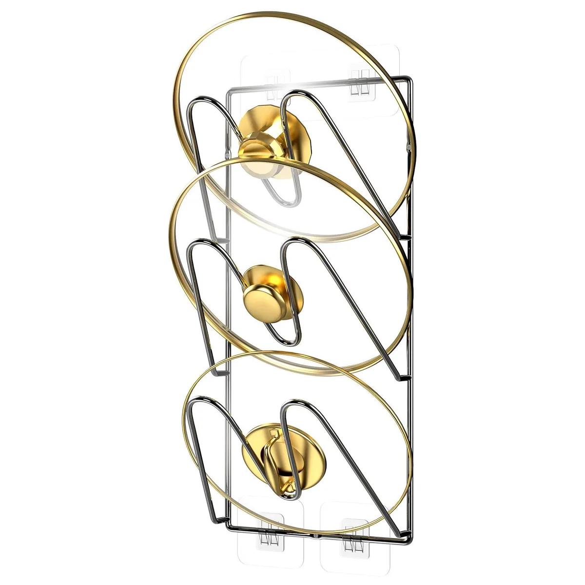 Black plastic three-tier pot lid rack, 13.5 inches tall with U-shaped slots and adhesive mounts
