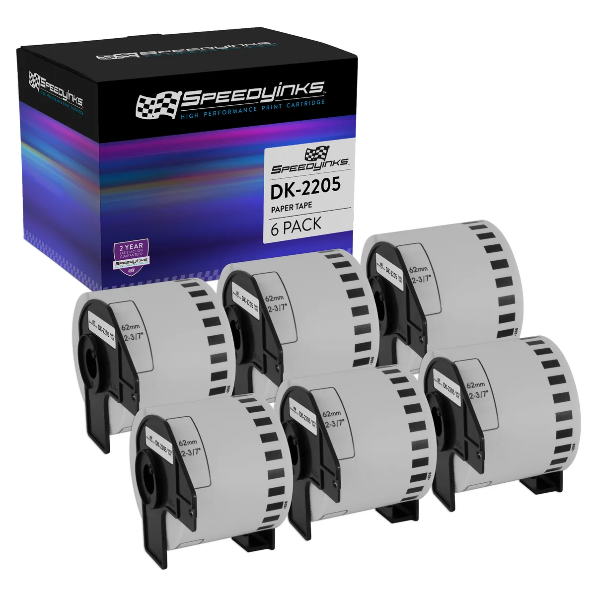 Six white paper tape rolls in plastic packaging