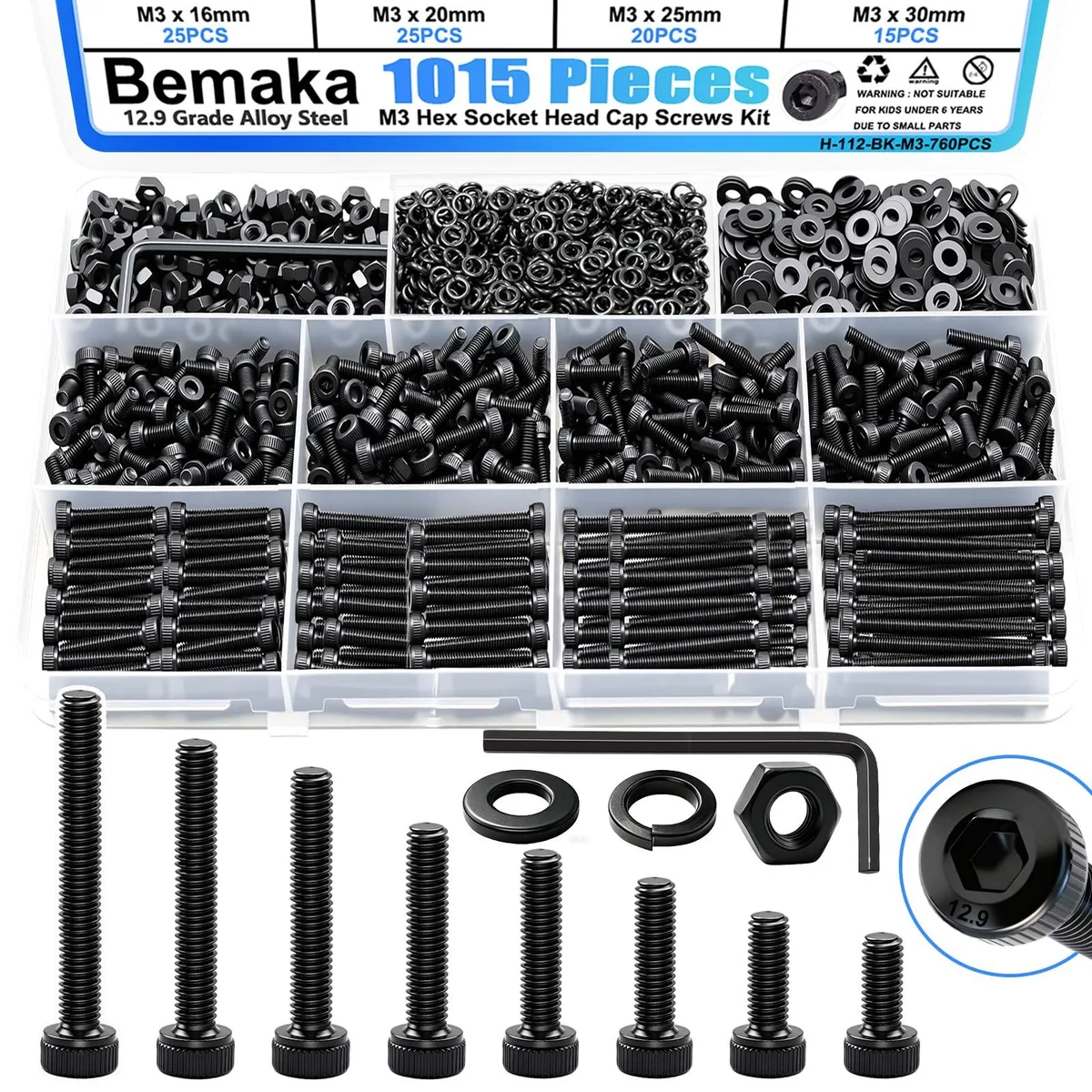Bemaka M3 Socket Head Cap Screw Kit 760pcs 12.9 Grade Alloy Steel — product photo