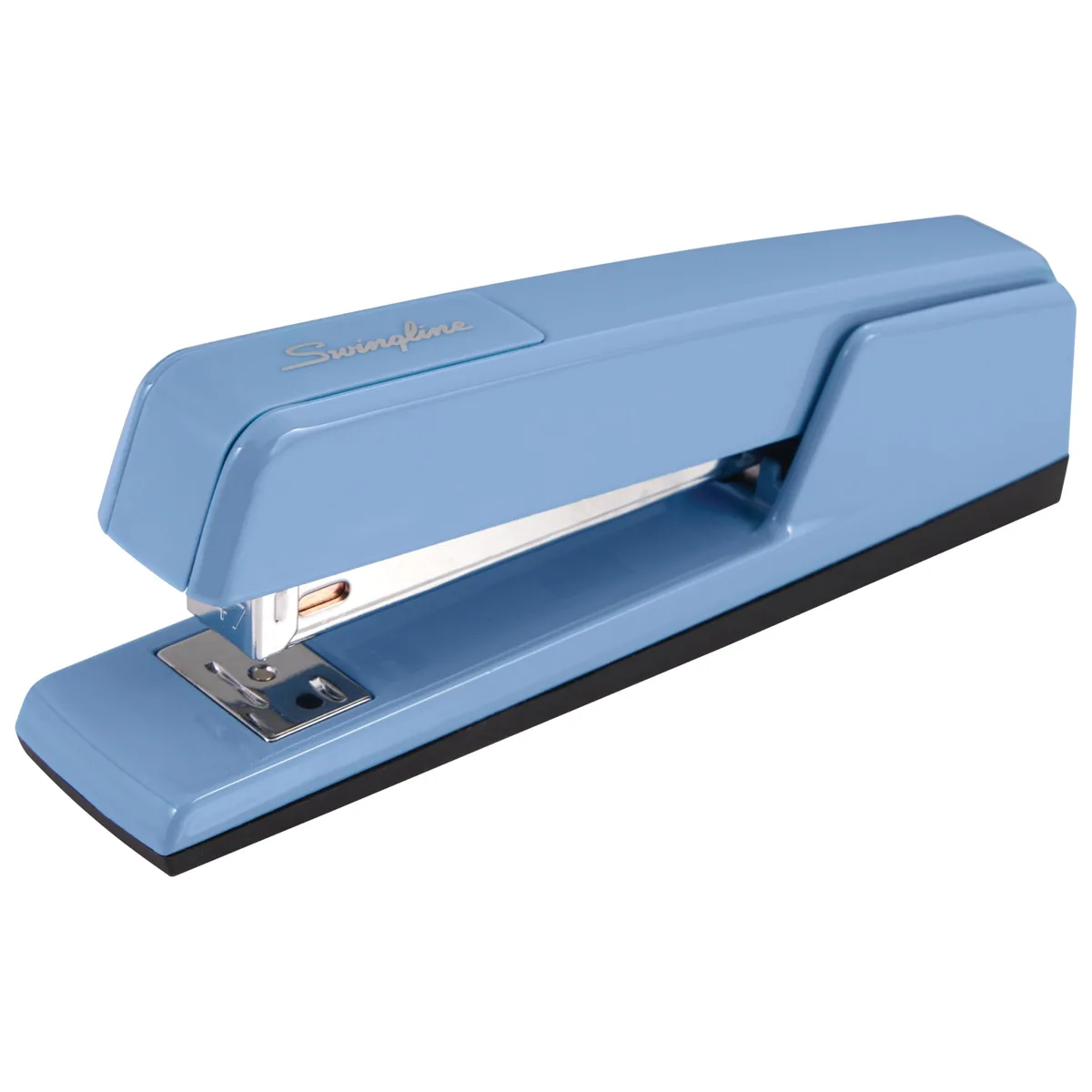 Electric blue metal desktop stapler, classic shape, compact size