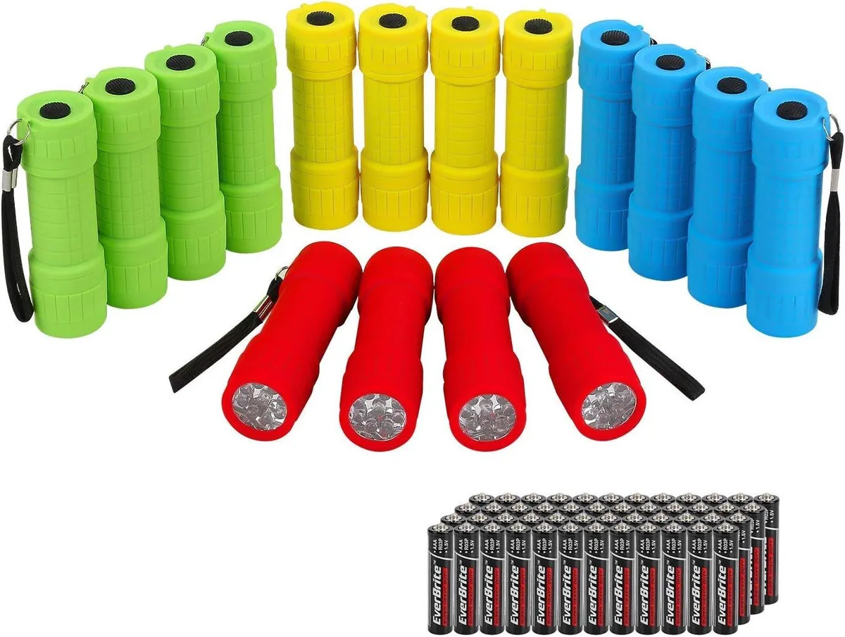 Sixteen mini LED flashlights in red blue green yellow with forty-eight AAA batteries