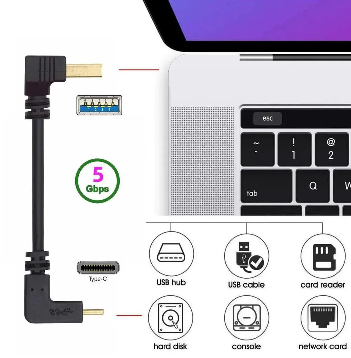 SMUGDESK SMUGDESK USB 3.1 Type-C 90° Up Angled to USB-A Male Cable 100cm Type08 — product photo
