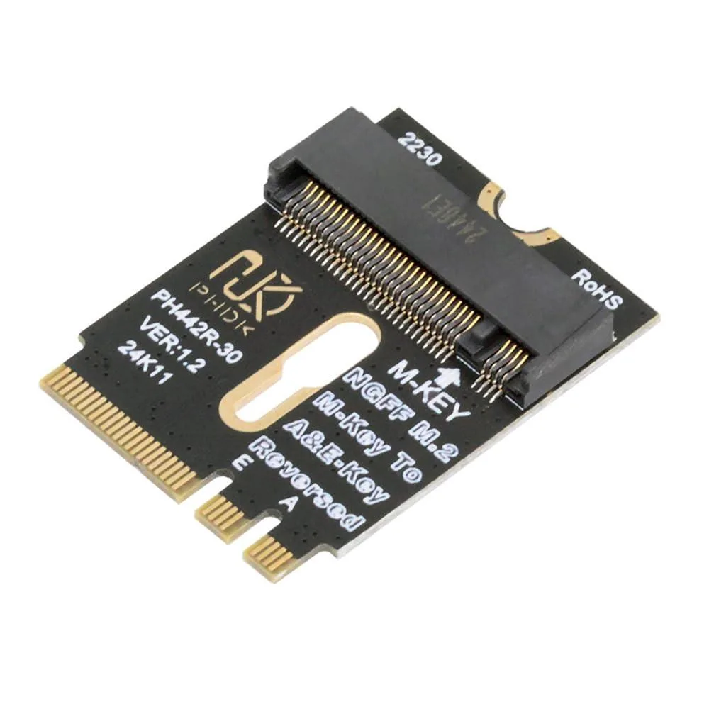 Green circuit board with gold M.2 edge connector and silver bracket