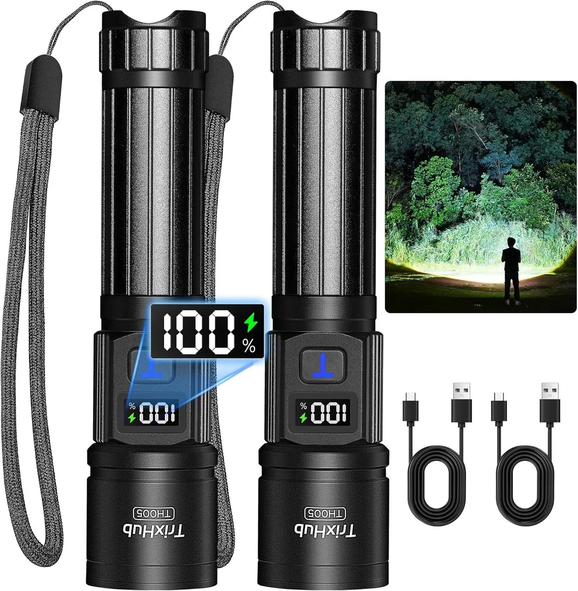 Two rechargeable aluminium flashlights with LCD displays and zoomable heads