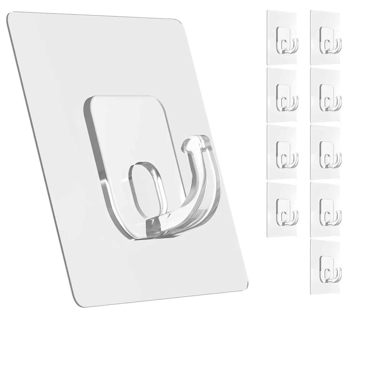Ten transparent PVC adhesive hooks on backing cards, smooth curved form, clear finish