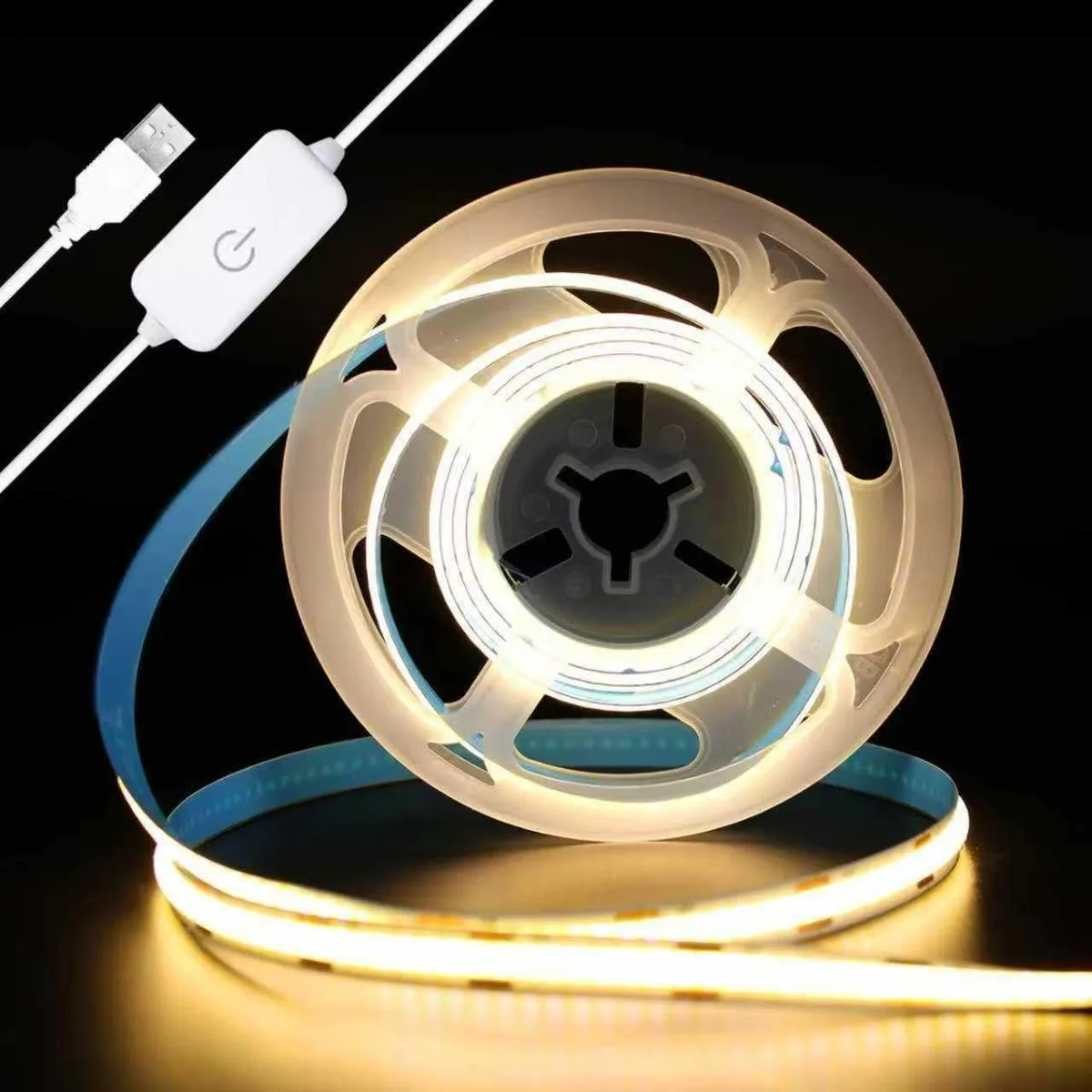 White flexible COB LED strip on a reel, 3.28ft long with USB connector