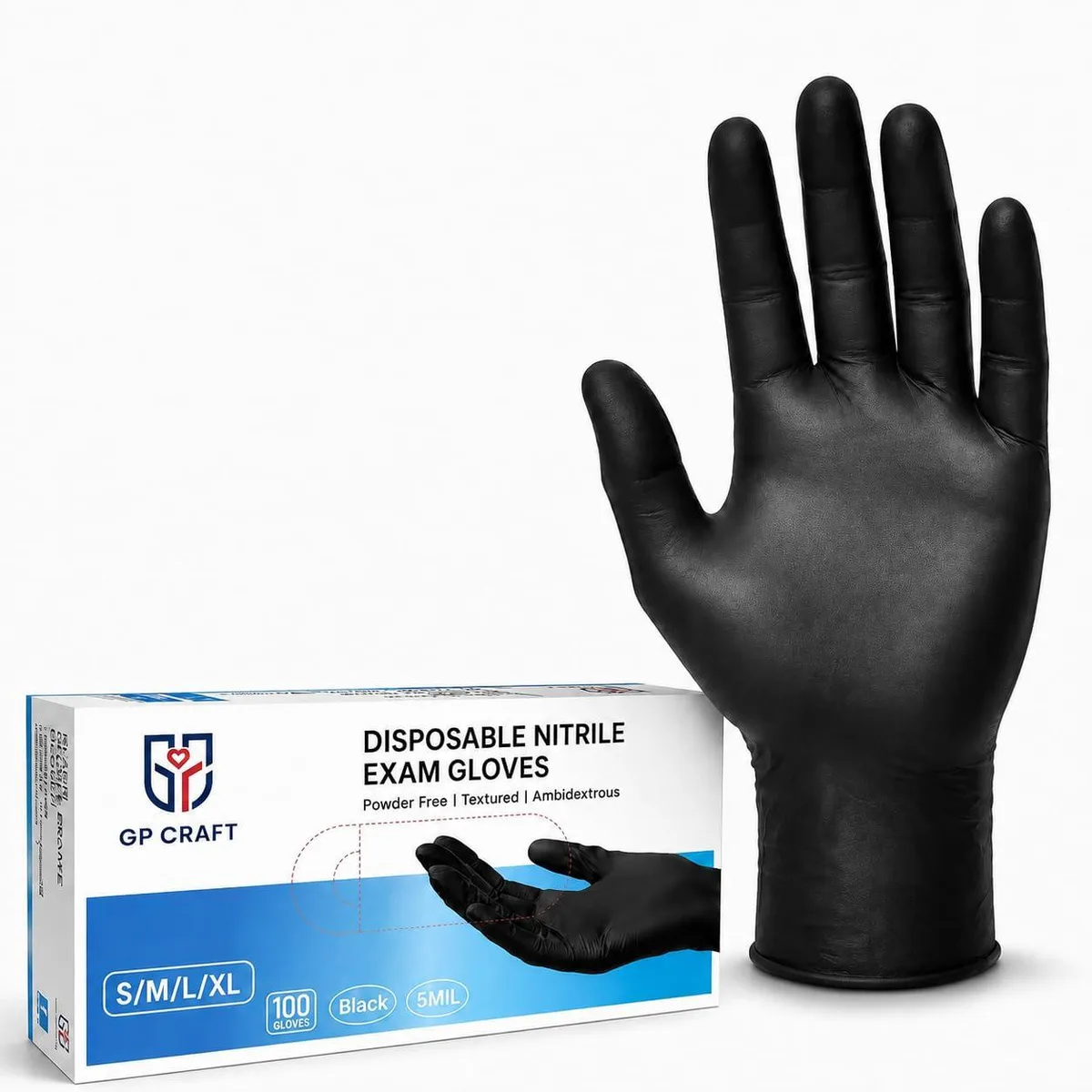 Box of 100 black nitrile gloves, medium size, 5 mil thickness