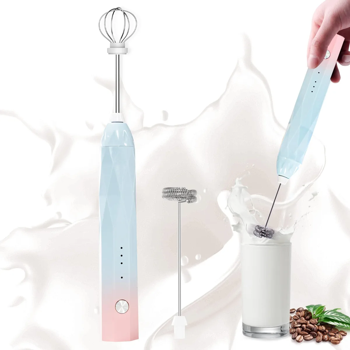  Brentwood CLLS-MF-BluePink Rechargeable Handheld Milk Frother with 2 Whisks 3 Speeds — product photo