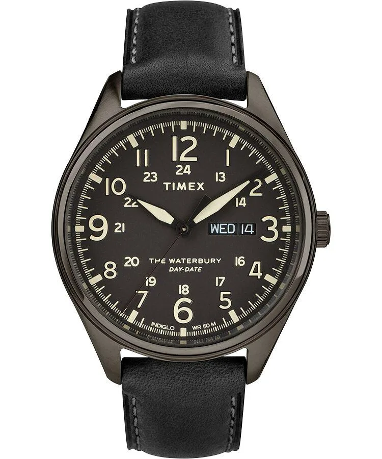 Timex Waterbury leather watch black dial stainless steel 42mm