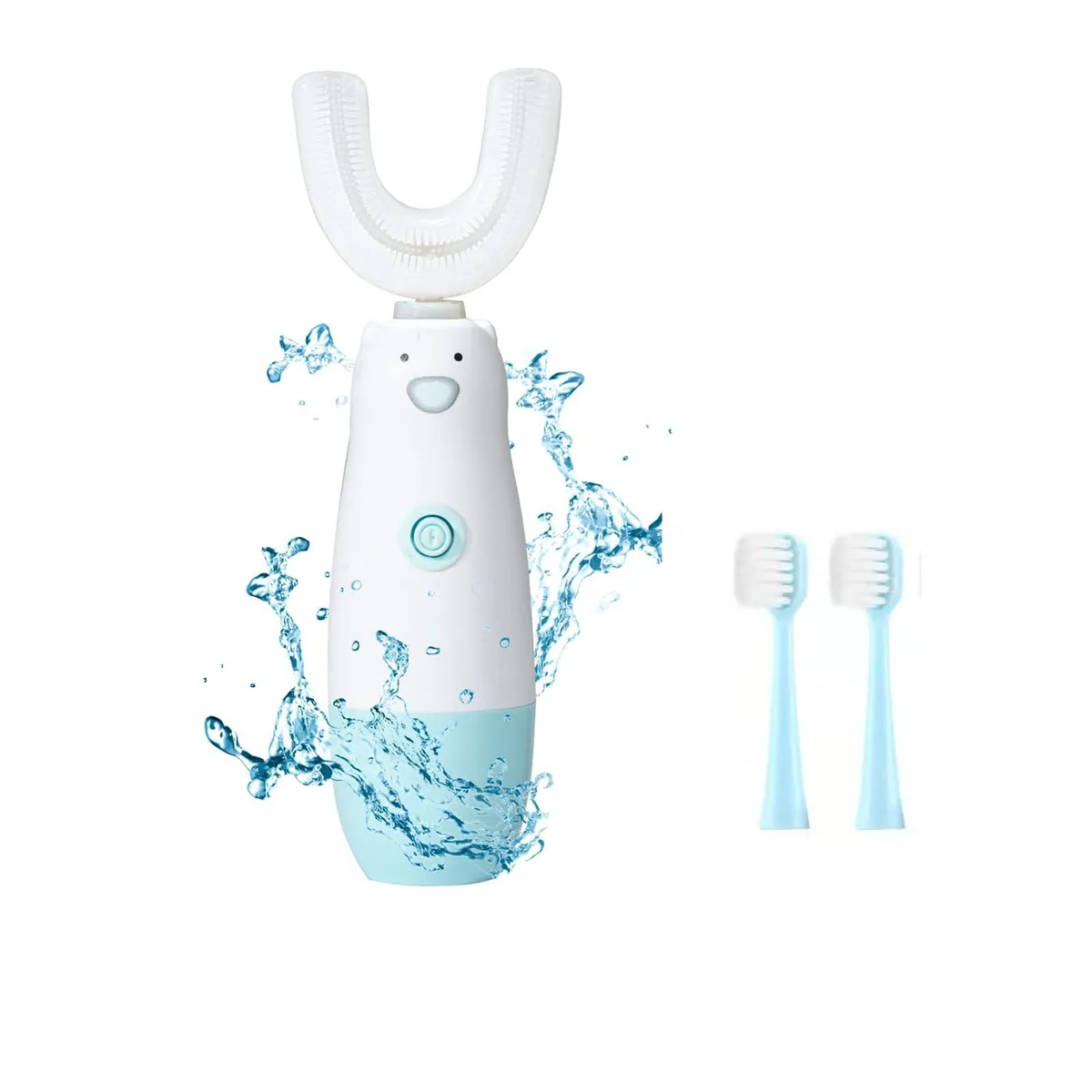White U-shaped electric toothbrush with bear design, soft silicone bristles, battery powered