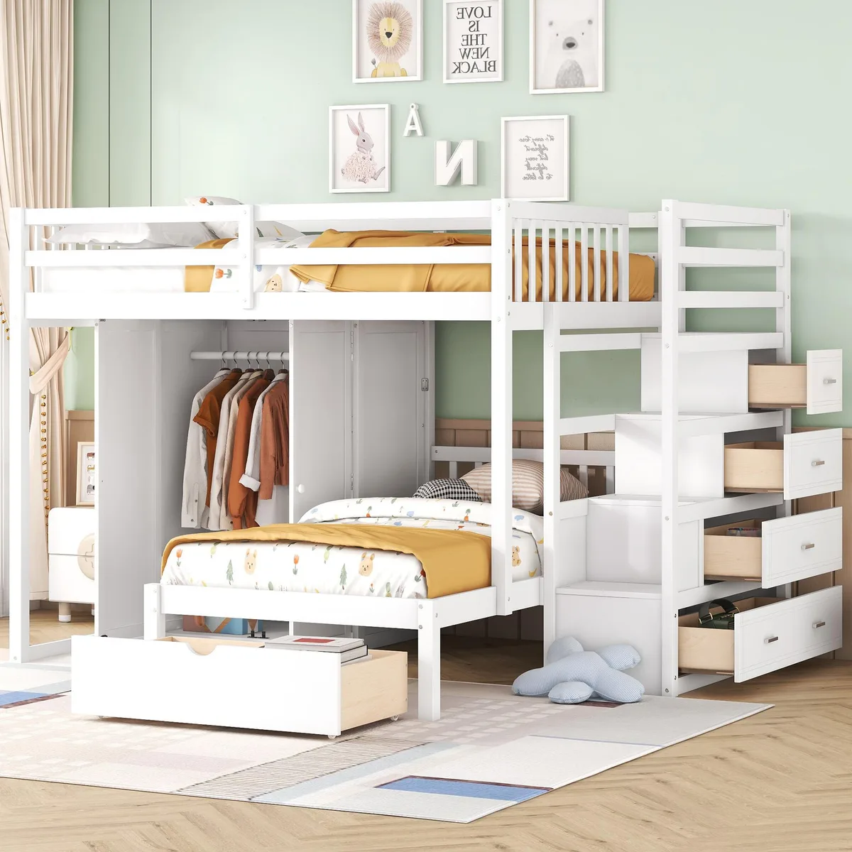 White solid-wood bunk bed with full over twin bunks, staircase drawers, wardrobe and footboard drawer