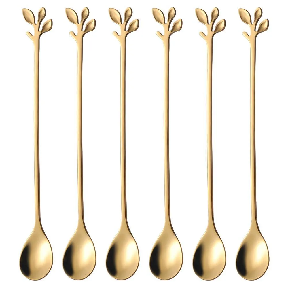Six gold stainless steel teaspoons with leaf-shaped handles, 7.4 inches long