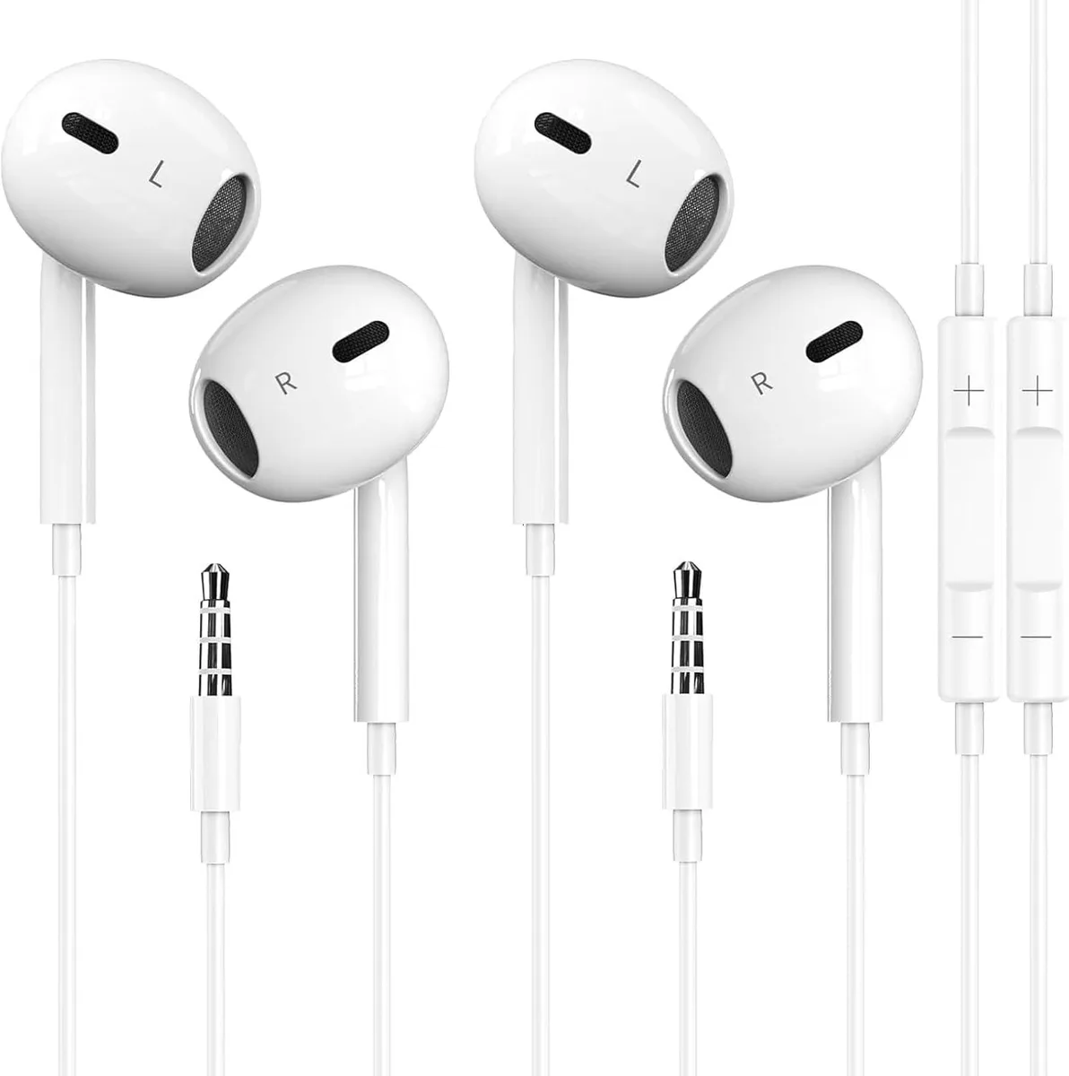 Two white wired in-ear earbuds with 3.5mm jack and inline remote
