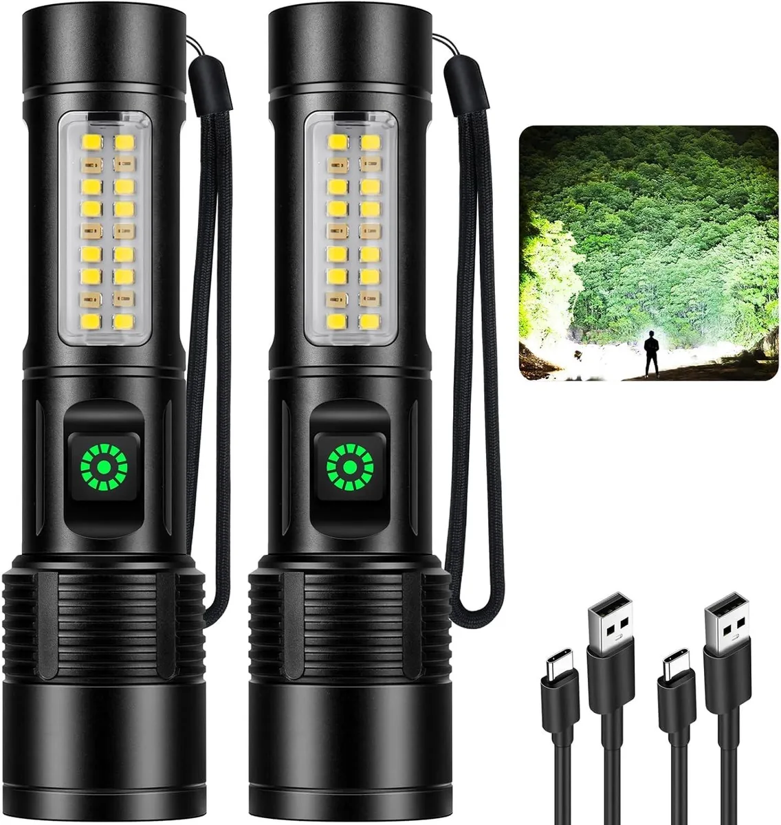 Two matte aluminium handheld flashlights, compact rectangular form, side switch visible