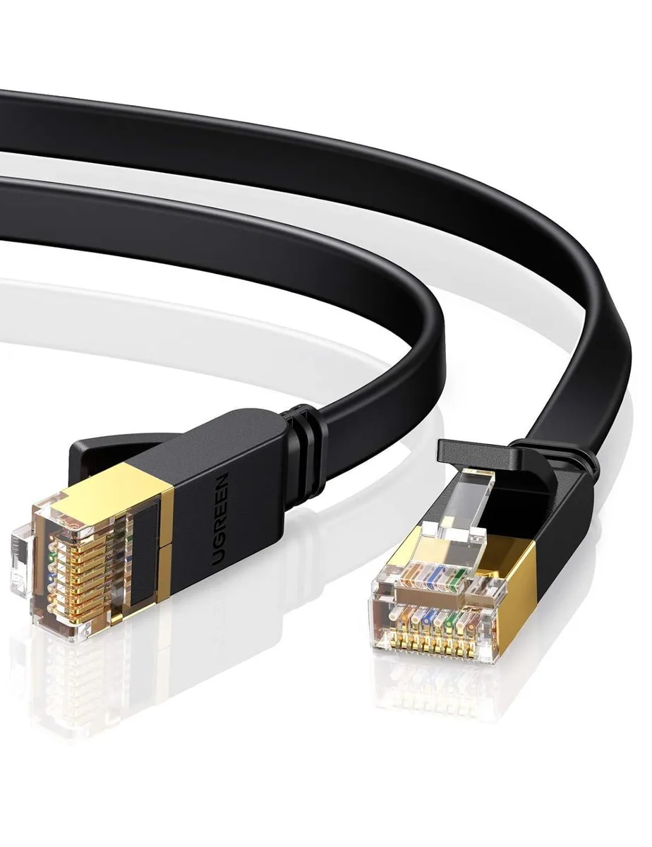 Flat white Cat 7 Ethernet cable fifty feet long with gold RJ45 plugs